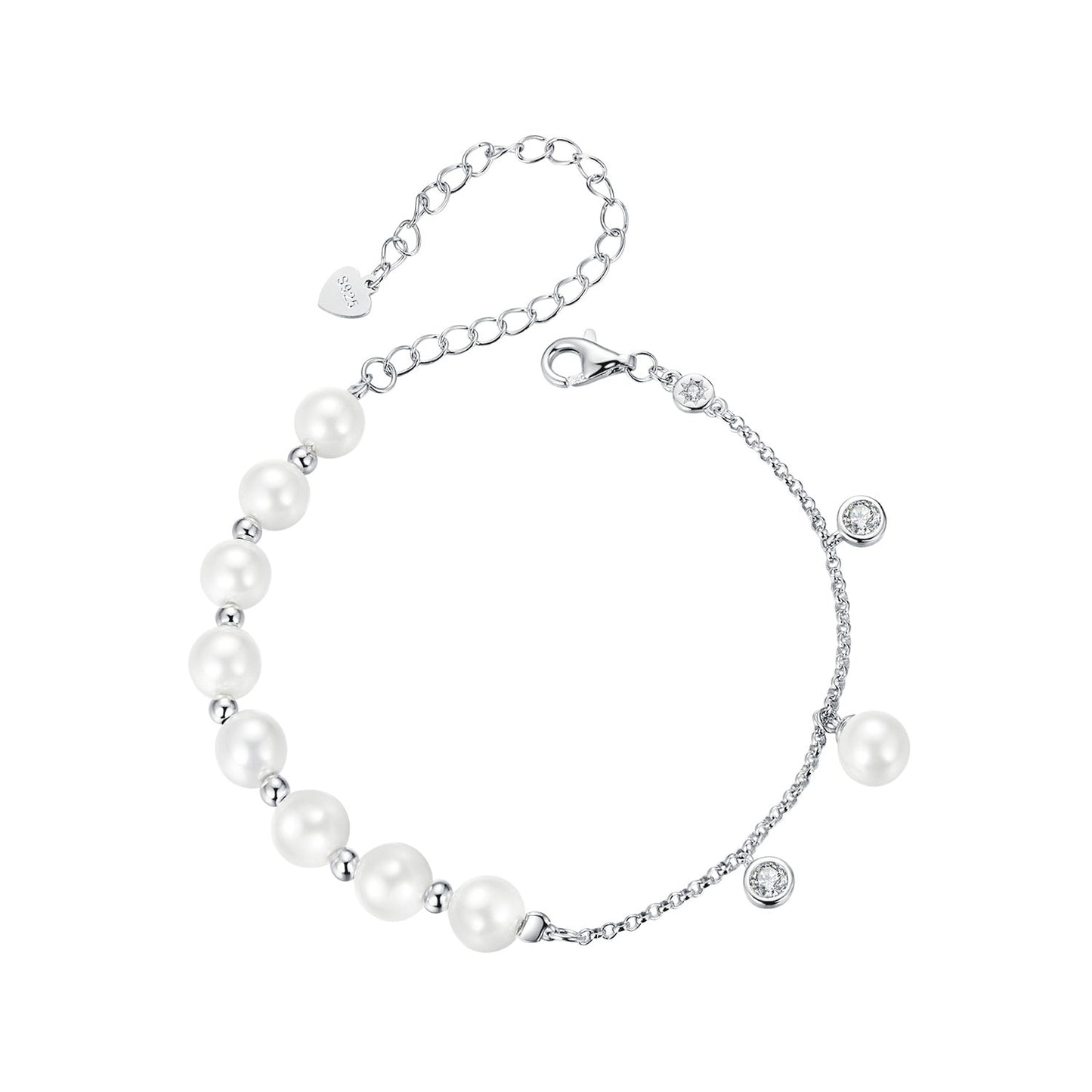 925 Sterling Silver 15+6cm White Gold Plated Bracelet with Quality Shell Pearl & CZ for Women
