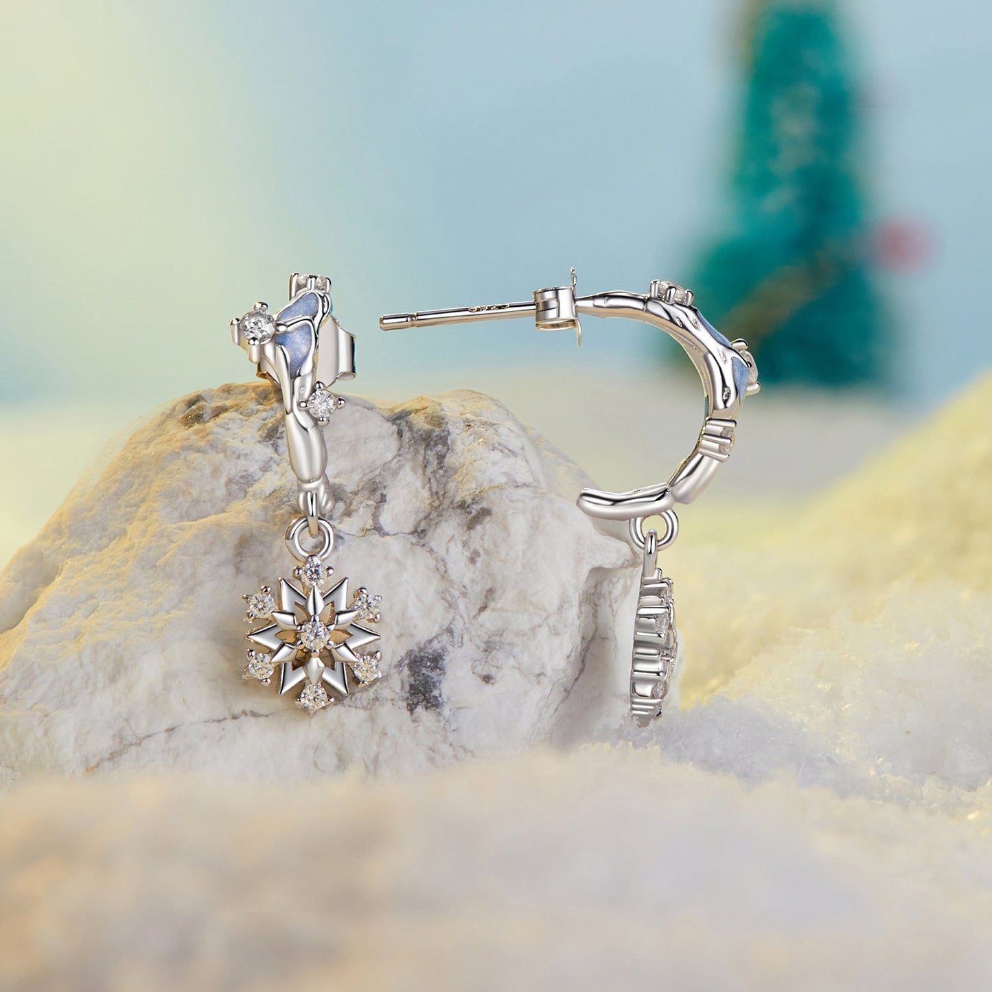 925 Sterling Silver Earrings with Plated White Gold, 2.2*0.7cm, Enamel + Pavé Setting for Women