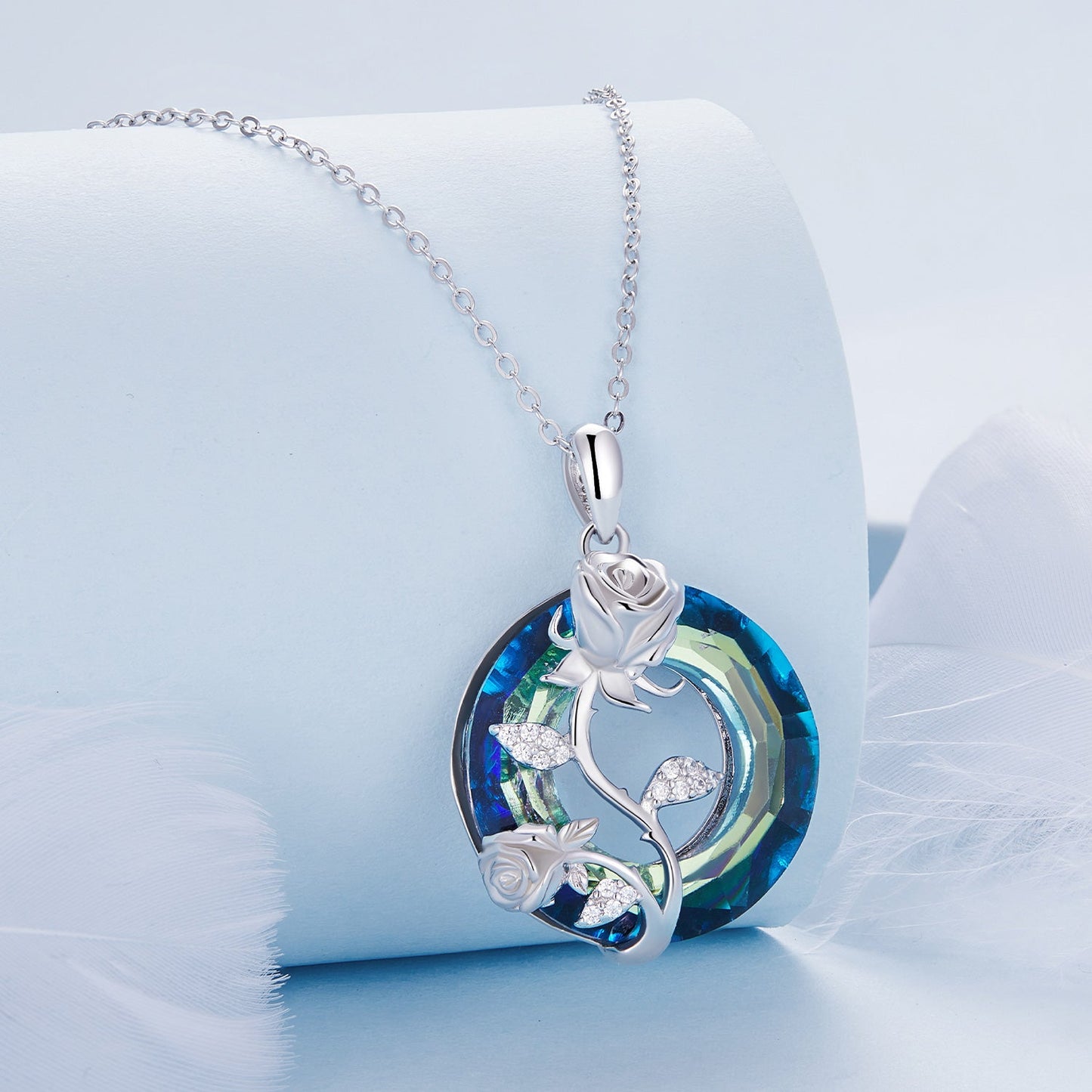 925 Sterling Silver Necklace with Pavé Setting CZ and Transparent Glass, 450mm for Women