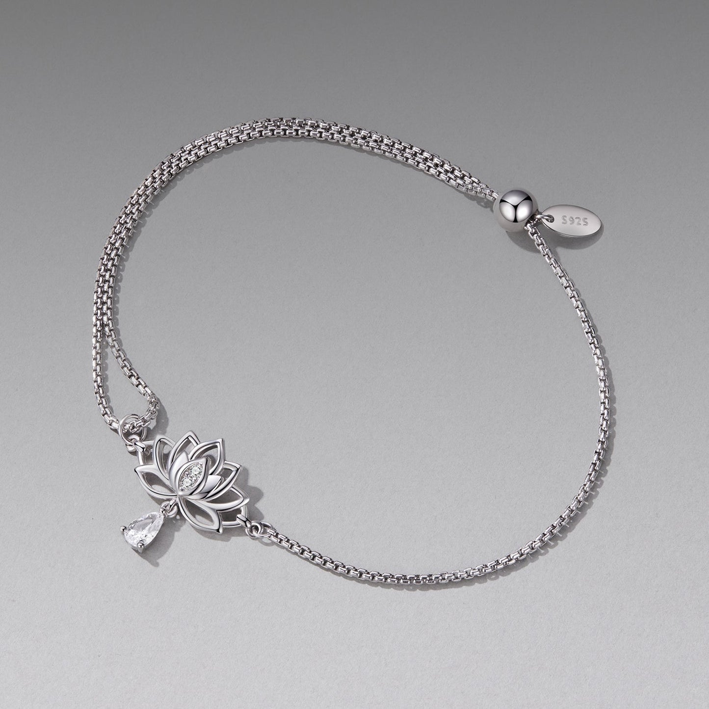 925 Sterling Silver Adjustable Chain Bracelet with White Gold Plating and CZ for Women