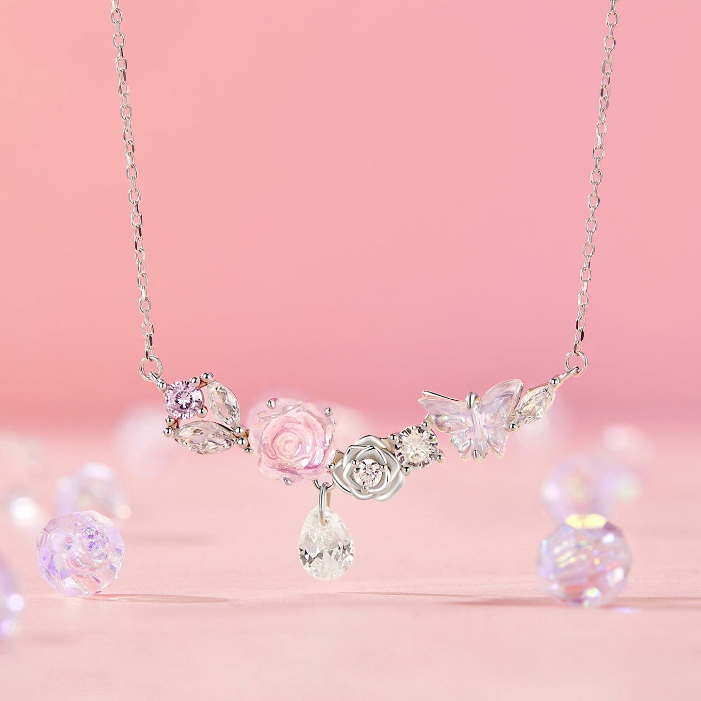 925 Sterling Silver Necklace with CZ & Resin Pendant, 18x39mm, Plated with White Gold