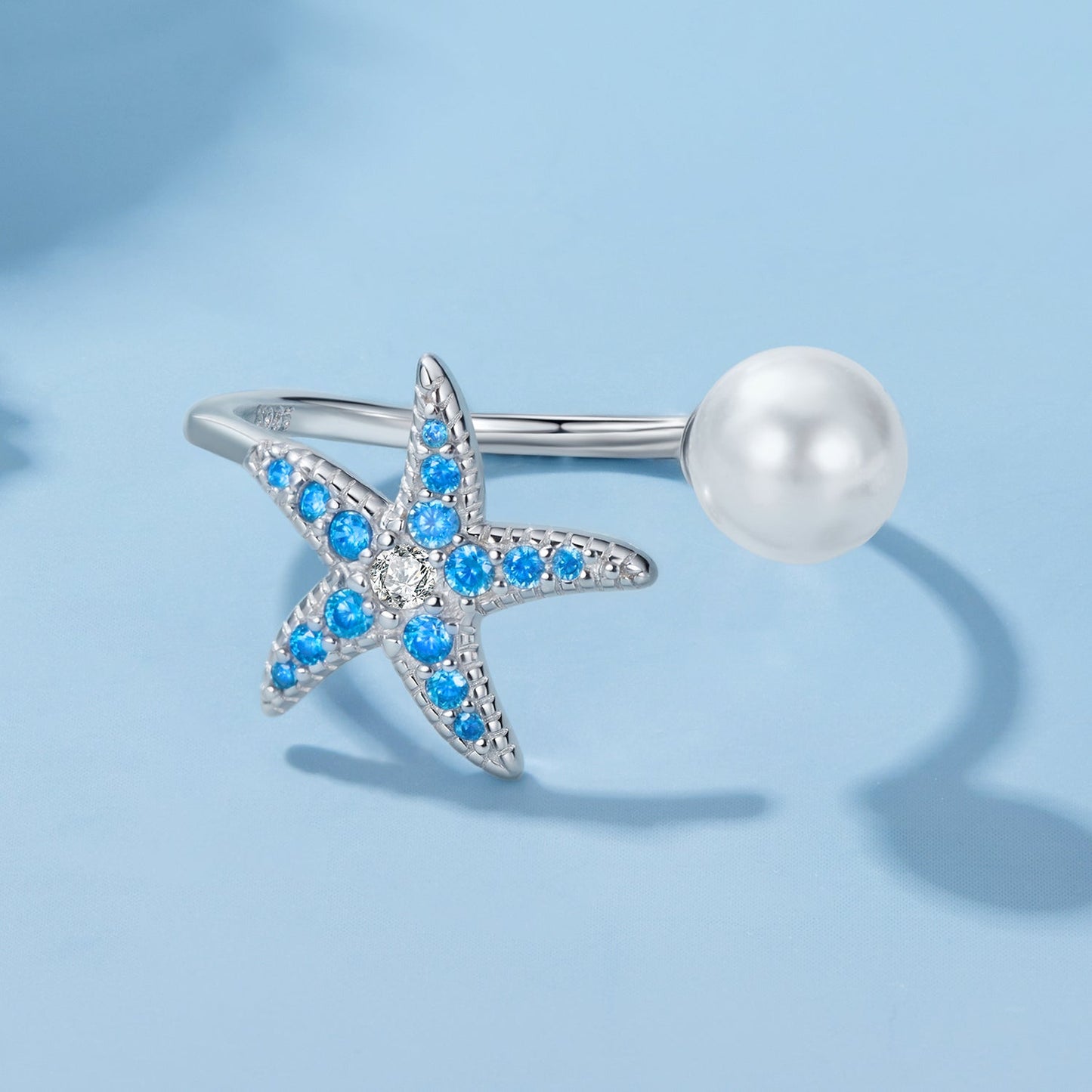 925 Sterling Silver White Gold Plated Quality Shell Pearl Starfish Ring for Women
