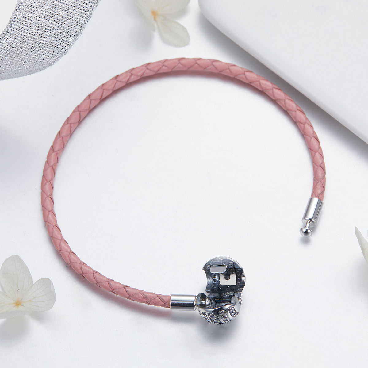 925 Sterling Silver Pavé Setting CZ Bracelet with Genuine Leather for Women