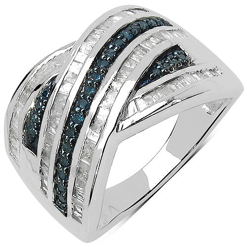 1.02 Carat Genuine Blue Diamond & White Diamond .925 Sterling Silver Ring