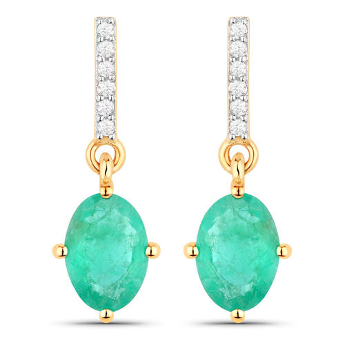 1.49 Carat Genuine Zambian Emerald and White Diamond 10K Yellow Gold Earrings