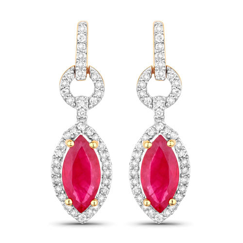 1.23 Carat Genuine Ruby and White Diamond 14K Yellow Gold Earrings
