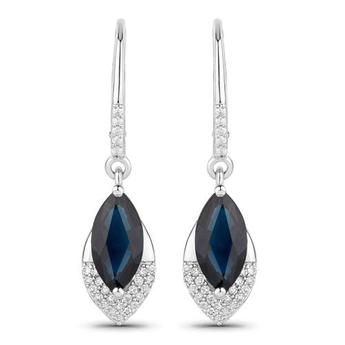 2.79 Carat Genuine Blue Sapphire and White Diamond 14K White Gold Earrings