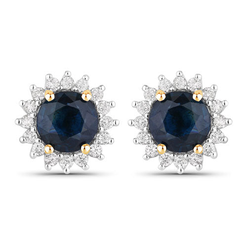 2.38 Carat Genuine Blue Sapphire and White Diamond 14K Yellow Gold Earrings