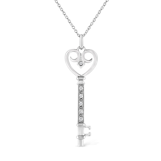 .925 Sterling Silver Pave and Bezel-Set Diamond Accent Key 18" Heart and Lock Pendant Necklace (K-L Color, I1-I2 Clarity)