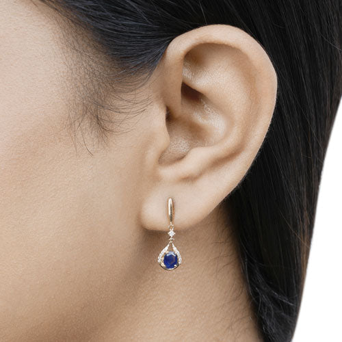 0.86 Carat Genuine Blue Sapphire and White Diamond 14K Yellow Gold Earrings