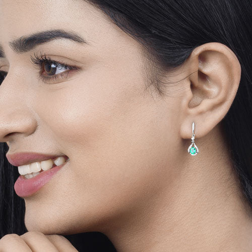 0.70 Carat Genuine Zambian Emerald and White Diamond 14K White Gold Earrings