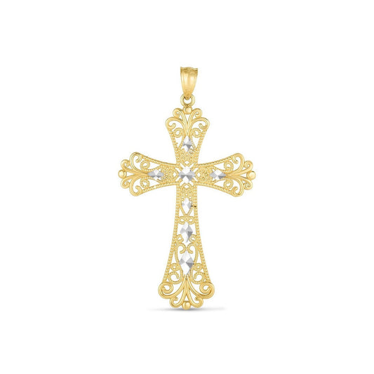 14k Two Tone Gold High Polish Diamond Cut Cross Pendant