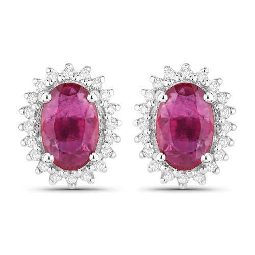 1.16 Carat Genuine Ruby and White Diamond 14K White Gold Earrings