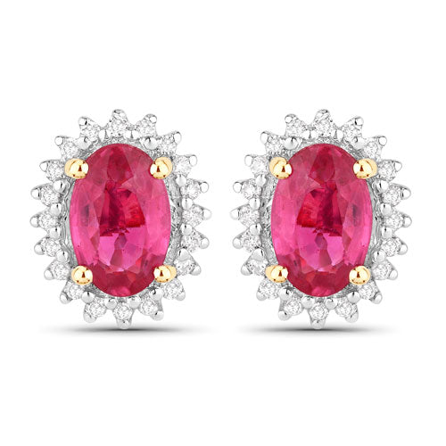 1.16 Carat Genuine Ruby and White Diamond 14K Yellow Gold Earrings