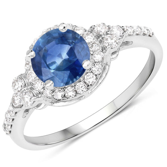 1.34 Carat Genuine Blue Sapphire and White Diamond 14K White Gold Ring