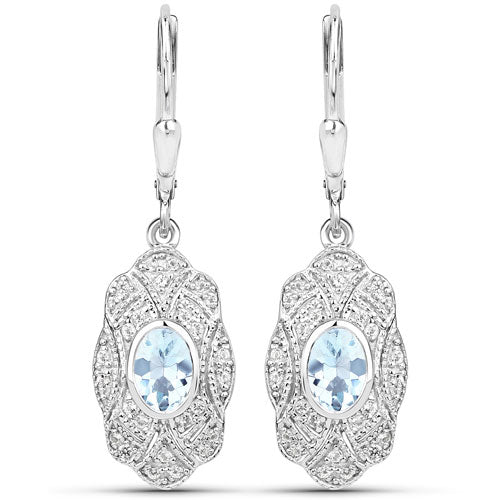 0.96 Carat Genuine Aquamarine and White Topaz .925 Sterling Silver Earrings