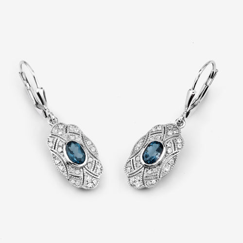 1.32 Carat Genuine London Blue Topaz and White Topaz .925 Sterling Silver Earrings