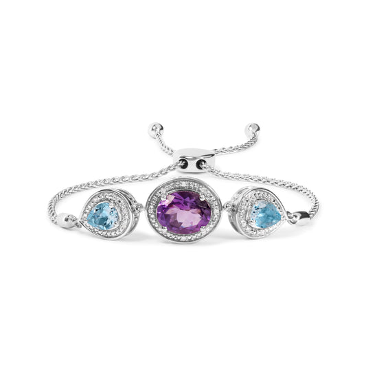 .925 Sterling Silver Oval Amethyst and Pear Blue Topaz with Diamond Accent Lariat 4â€-10â€ Adjustable Bolo Bracelet (H-I Color, SI1-SI2 Clarity)