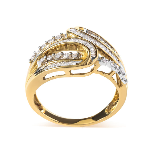 10K Yellow Gold 1/2 Cttw Round and Baguette cut Diamond Open Space Bypass Ring (H-I Color, SI2-I1 Clarity) - Ring Size 7