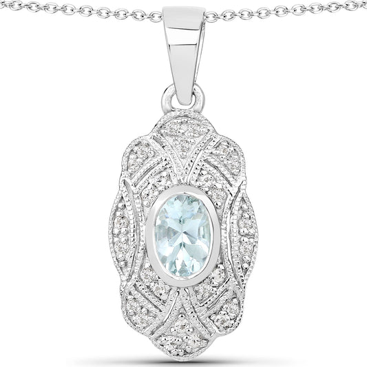 0.48 Carat Genuine Aquamarine and White Topaz .925 Sterling Silver Pendant