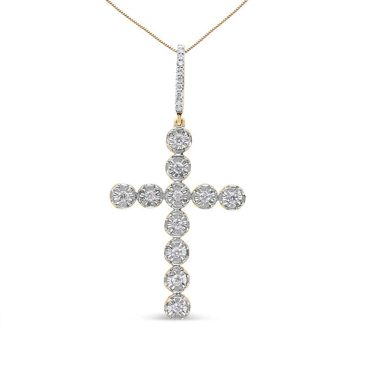 10K Yellow Gold 5/8 Cttw Miracle Set Round Diamond Circle Link Cross Men's Pendant Necklace