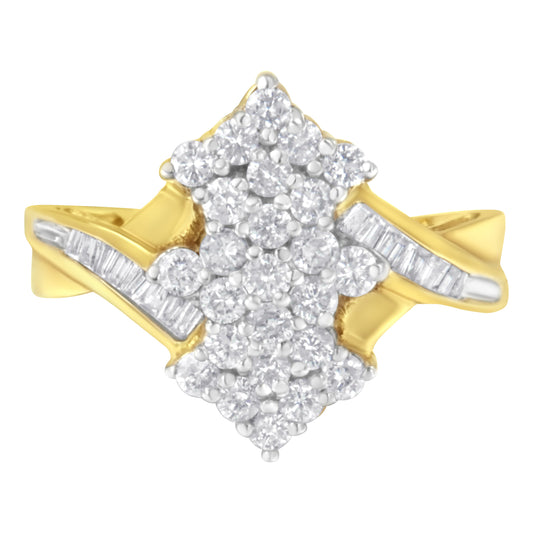 10K Yellow Gold Round And Baguette Cut Diamond Cluster Ring (1 1/10 Cttw, H-I Color, SI2-I1 Clarity) - Size 7