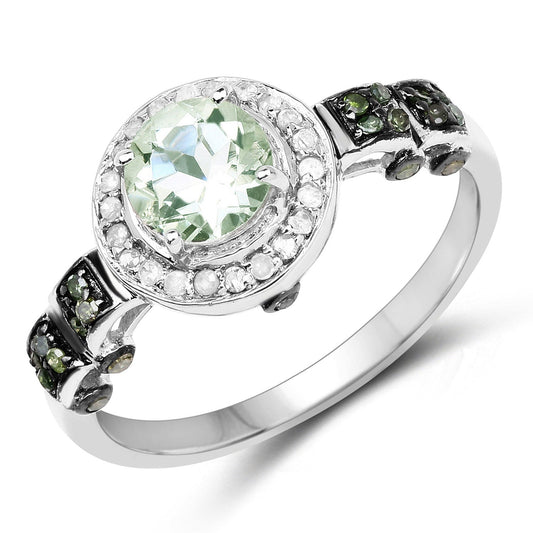 1.07 Carat Genuine Green Amethyst, Green Diamond and White Diamond .925 Sterling Silver Ring