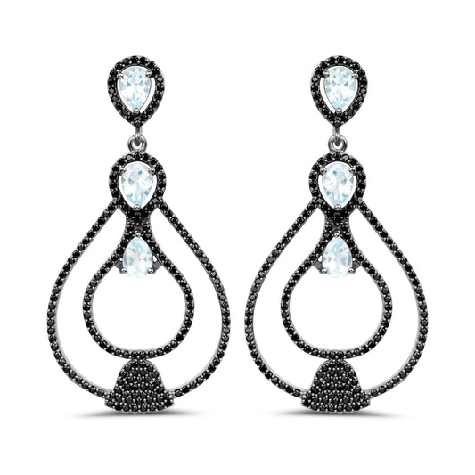 8.81 Carat Genuine Blue Topaz and Black Spinel .925 Sterling Silver Earrings