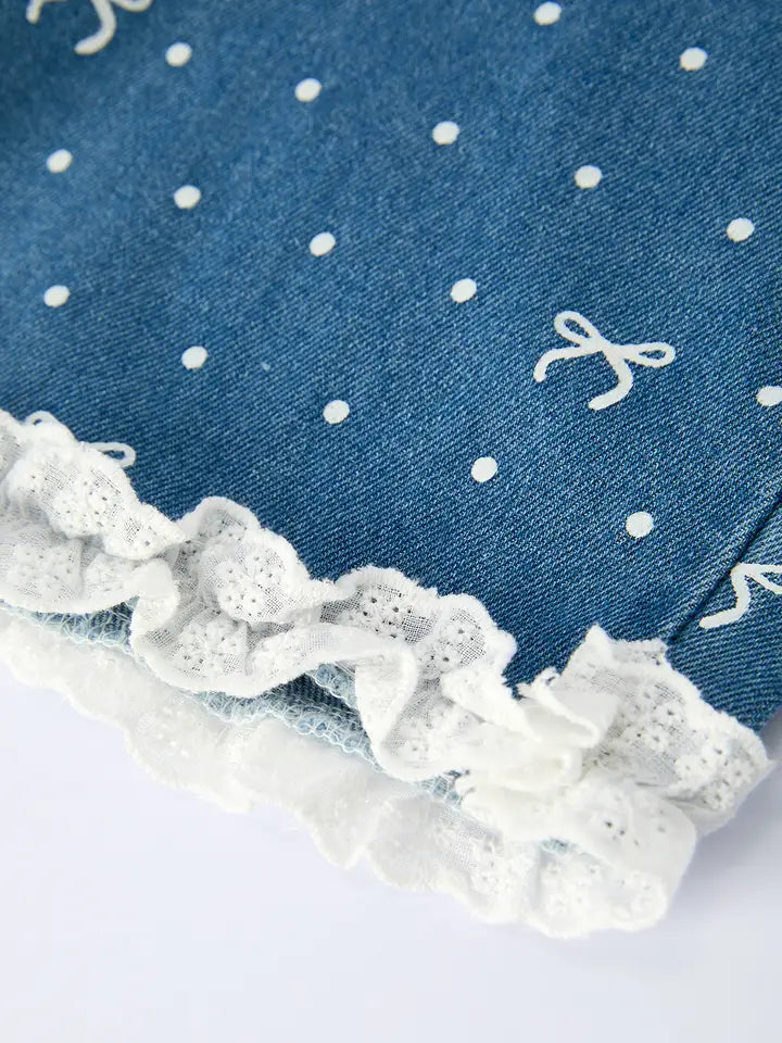 Spring Bow Dot Denim Ruffle Top and Pants Set 3/4 Pants