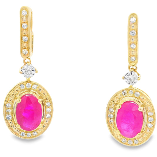 1.40ct Ruby Diamond Dangle Earrings 10KT Yellow Gold