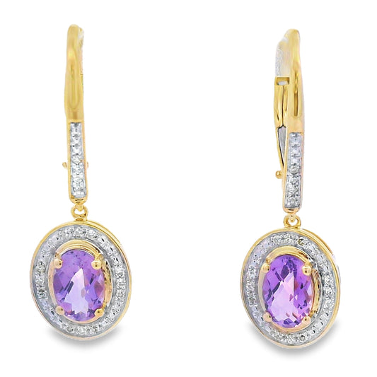 .98ct Amethyst Diamond Dangle Earrings 10KT Yellow Gold