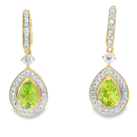 .96ct Peridot Diamond Dangle Earrings 10KT Yellow Gold