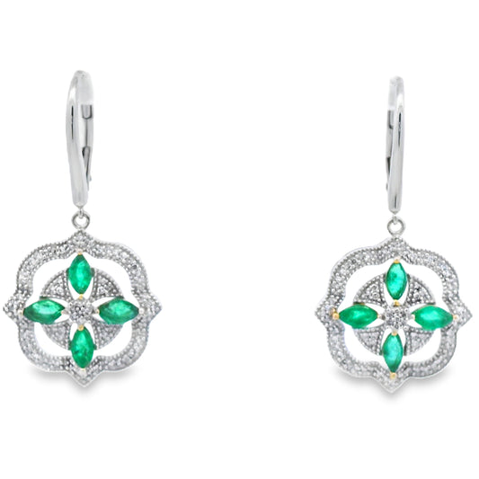 1.44ct Emerald Diamond Dangle Earrings 14KT White Gold