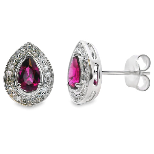Rhodolite Garnet Diamond Stud Earrings 10KT White Gold