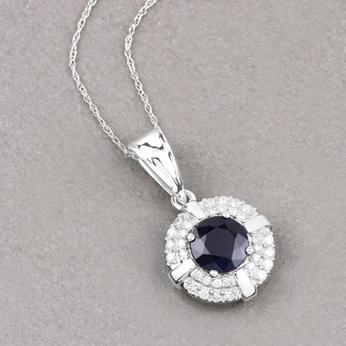 1.71 Carat Genuine Blue Sapphire and White Diamond 10K White Gold Pendant