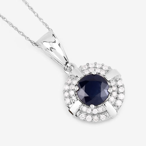 1.71 Carat Genuine Blue Sapphire and White Diamond 10K White Gold Pendant