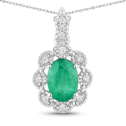 0.79 Carat Genuine Zambian Emerald and White Diamond 10K White Gold Pendant