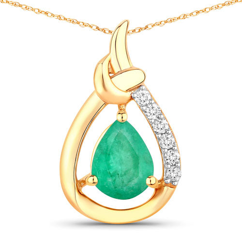 1.18 Carat Genuine Zambian Emerald and White Diamond 10K Yellow Gold Pendant