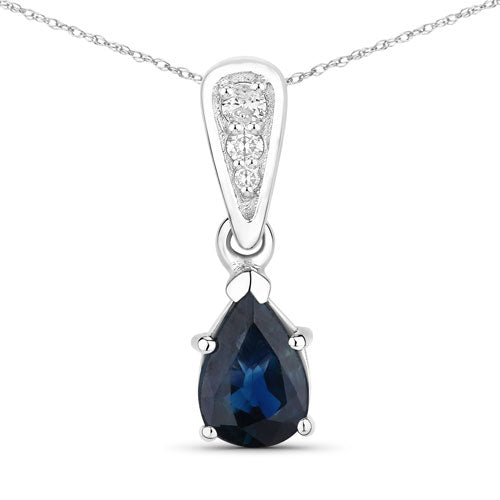 0.85 Carat Genuine Blue Sapphire and White Diamond 14K White Gold Pendant