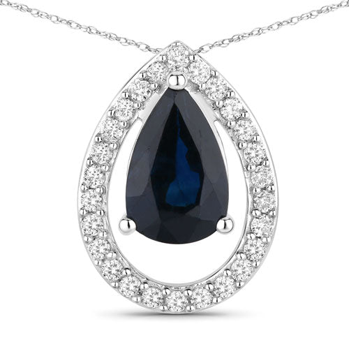 1.15 Carat Genuine Blue Sapphire and White Diamond 14K White Gold Pendant