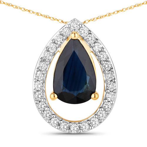 1.15 Carat Genuine Blue Sapphire and White Diamond 14K Yellow Gold Pendant