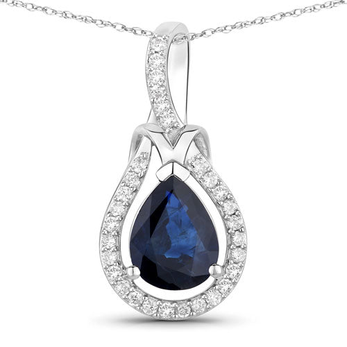 1.48 Carat Genuine Blue Sapphire and White Diamond 14K White Gold Pendant