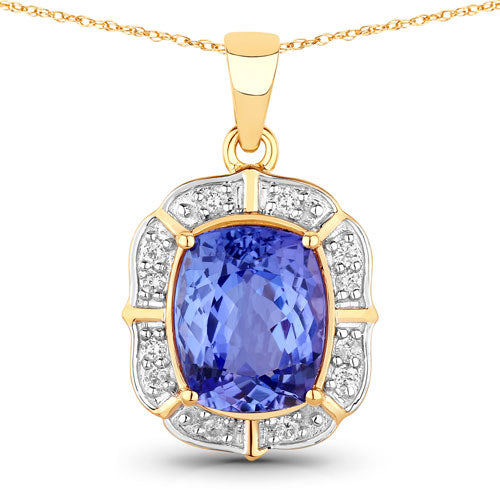 3.07 Carat Genuine Tanzanite and White Diamond 14K Yellow Gold Pendant