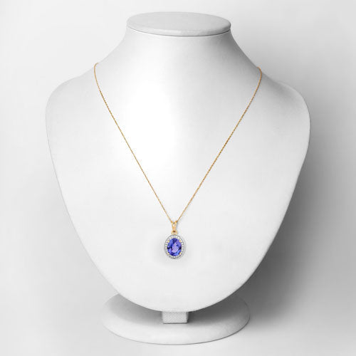 2.44 Carat Genuine Tanzanite and White Diamond 14K Yellow Gold Pendant