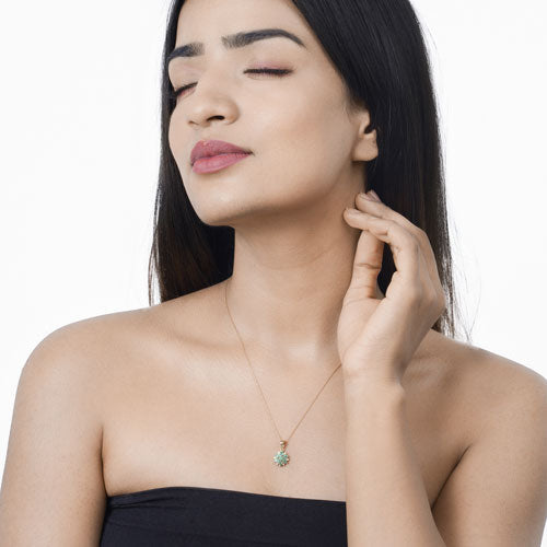 0.72 Carat Genuine Zambian Emerald and White Diamond 14K Yellow Gold Pendant