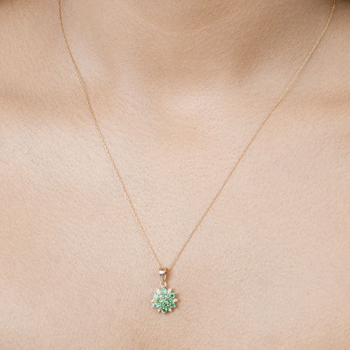 0.72 Carat Genuine Zambian Emerald and White Diamond 14K Yellow Gold Pendant