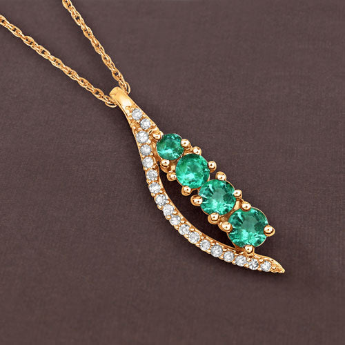 0.34 Carat Genuine Zambian Emerald and White Diamond 14K Yellow Gold Pendant