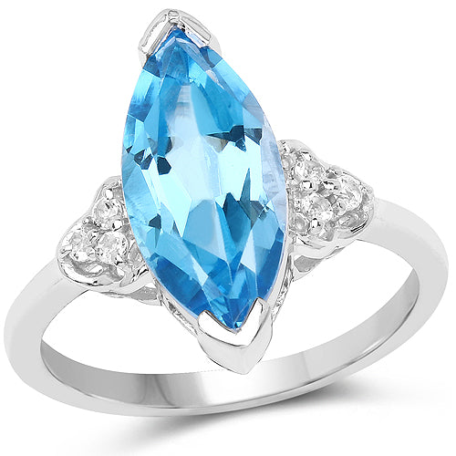 3.78 Carat Genuine Swiss Blue Topaz and White Topaz .925 Sterling Silver Ring