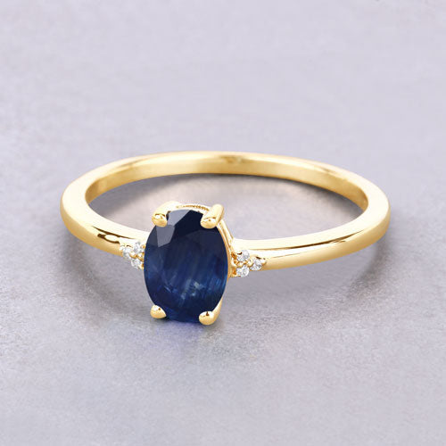 0.97 Carat Genuine Blue Sapphire and White Diamond 10K Yellow Gold Ring