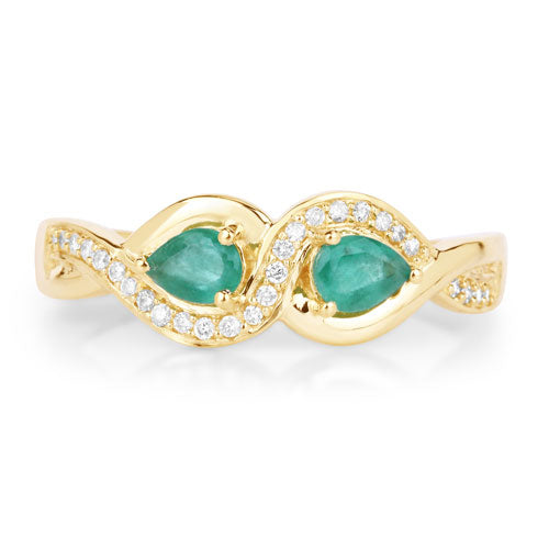 0.35 Carat Genuine Zambian Emerald and White Diamond 14K Yellow Gold Ring